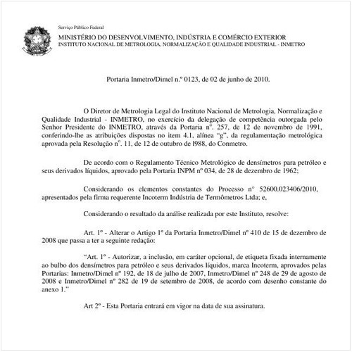 Portaria INMETRO/DIMEL 123:2010 - Situação: Em vigor