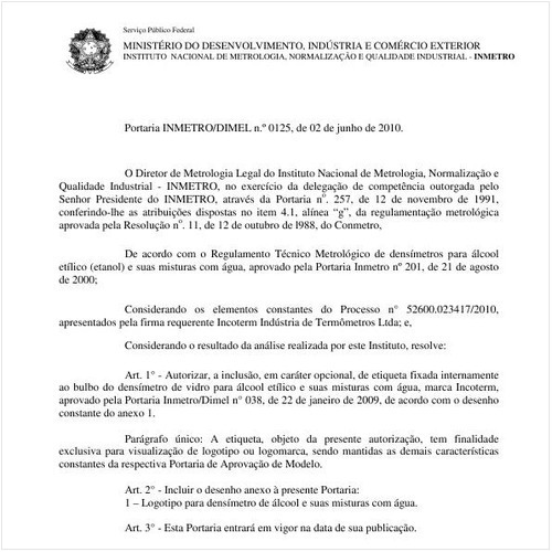 Portaria INMETRO/DIMEL 125:2010 - Situação: Em vigor