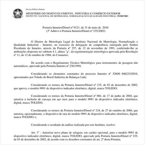 Portaria INMETRO/DIMEL 121:2010 - Situação: Em vigor