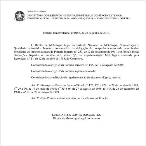Portaria INMETRO/DIMEL 158:2010 - Situação: Em vigor