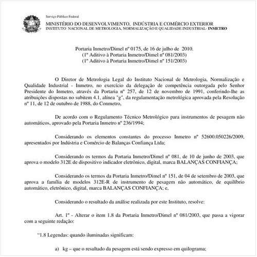 Portaria INMETRO/DIMEL 175:2010 - Situação: Em vigor
