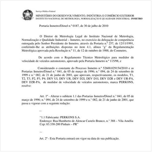 Portaria INMETRO/DIMEL 187:2010 - Situação: Em vigor