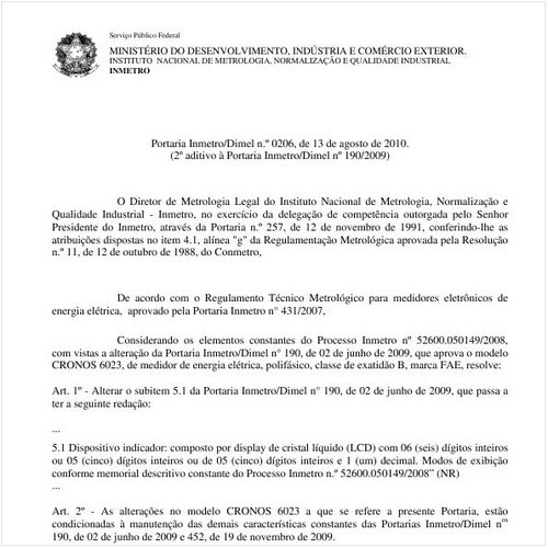 Portaria INMETRO/DIMEL 206:2010 - Situação: Em vigor