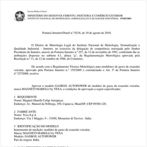 Portaria INMETRO/DIMEL 218:2010 - Situação: Em vigor