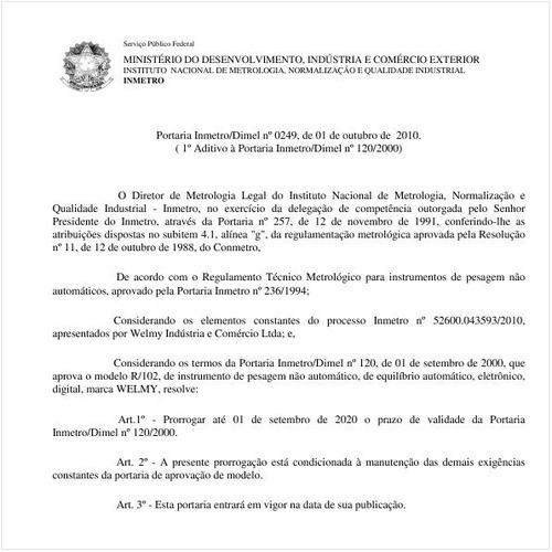 Portaria INMETRO/DIMEL 249:2010 - Situação: Em vigor