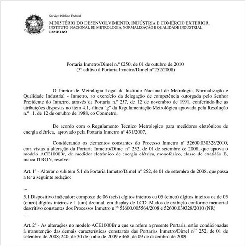 Portaria INMETRO/DIMEL 250:2010 - Situação: Em vigor