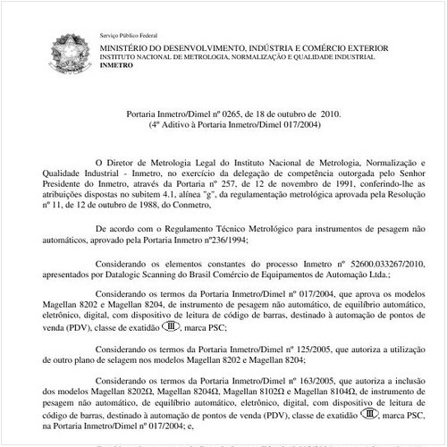 Portaria INMETRO/DIMEL 265:2010 - Situação: Em vigor