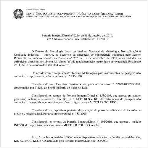 Portaria INMETRO/DIMEL 266:2010 - Situação: Em vigor