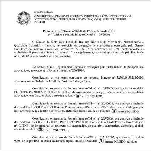 Portaria INMETRO/DIMEL 268:2010 - Situação: Em vigor