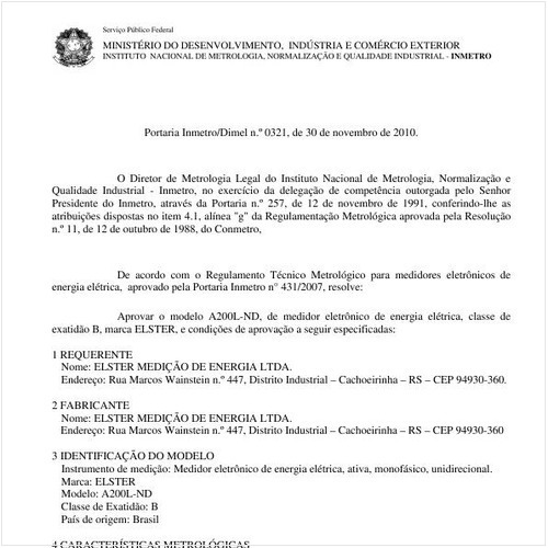 Portaria INMETRO/DIMEL 321:2010 - Situação: Em vigor