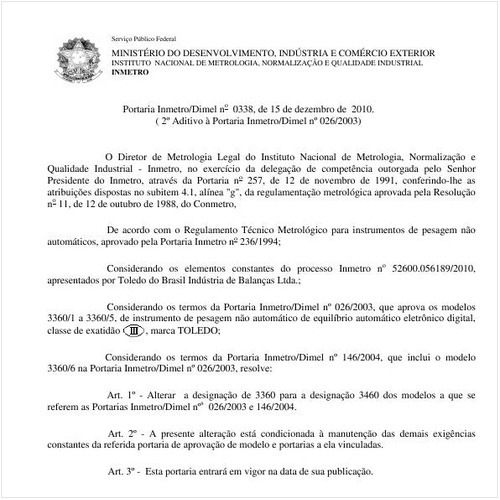 Portaria INMETRO/DIMEL 338:2010 - Situação: Em vigor