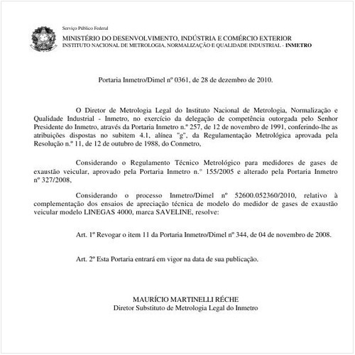 Portaria INMETRO/DIMEL 361:2010 - Situação: Em vigor