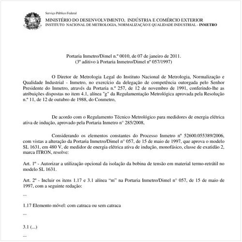 Portaria INMETRO/DIMEL 10:2011 - Situação: Em vigor