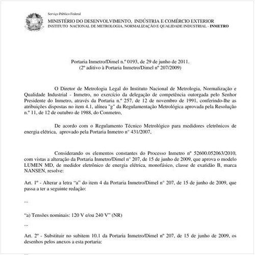 Portaria INMETRO/DIMEL 193:2011 - Situação: Em vigor