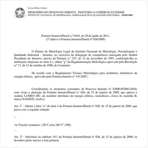 Portaria INMETRO/DIMEL 194:2011 - Situação: Em vigor
