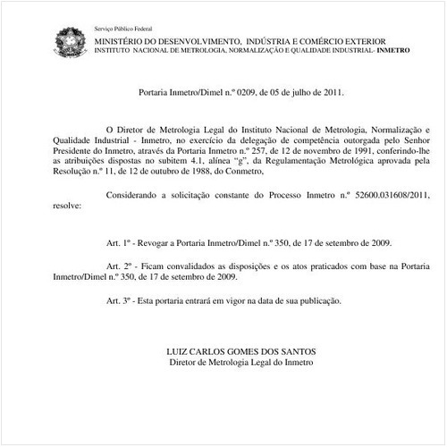 Portaria INMETRO/DIMEL 209:2011 - Situação: Em vigor