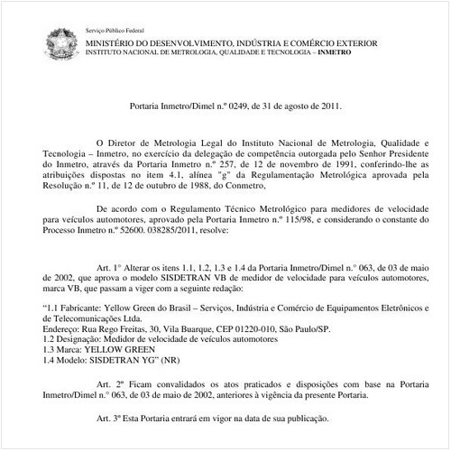 Portaria INMETRO/DIMEL 249:2011 - Situação: Em vigor