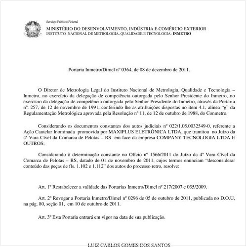 Portaria INMETRO/DIMEL 364:2011 - Situação: Revogado