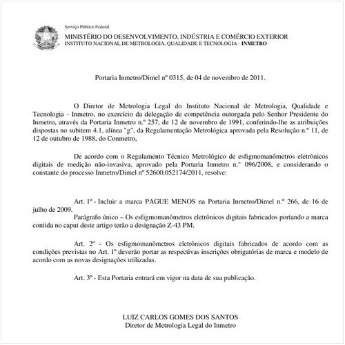 Portaria INMETRO/DIMEL 315:2011 - Situação: Em vigor