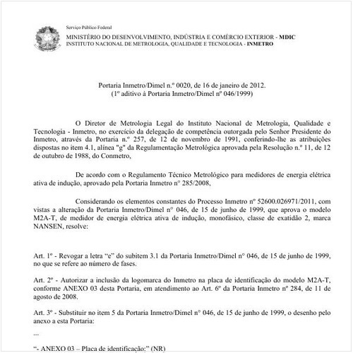 Portaria INMETRO/DIMEL 20:2012 - Situação: Em vigor