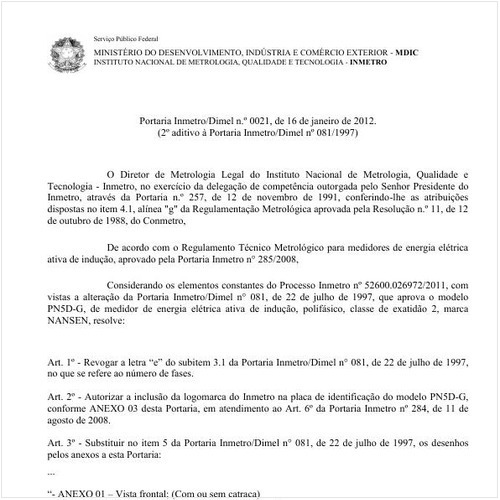 Portaria INMETRO/DIMEL 21:2012 - Situação: Em vigor