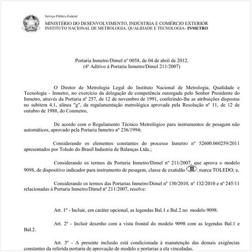Portaria DIMEL/INMETRO 58:2012 - Situação: Em vigor