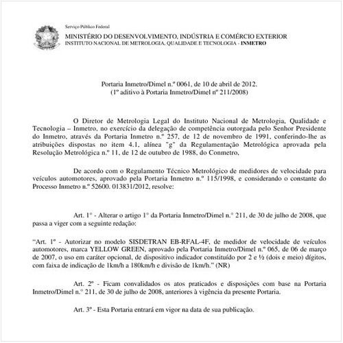 Portaria DIMEL/INMETRO 61:2012 - Situação: Em vigor