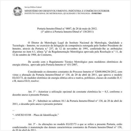 Portaria INMETRO/DIMEL 87:2012 - Situação: Em vigor