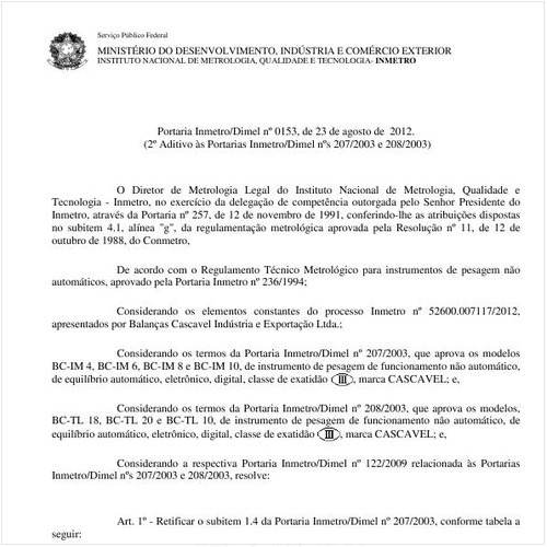 Portaria DIMEL/INMETRO 153:2012 - Situação: Em vigor