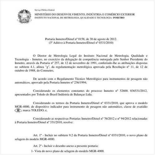 Portaria DIMEL/INMETRO 158:2012 - Situação: Em vigor