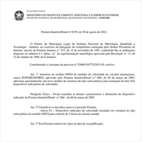 Portaria DIMEL/INMETRO 159:2012 - Situação: Em vigor
