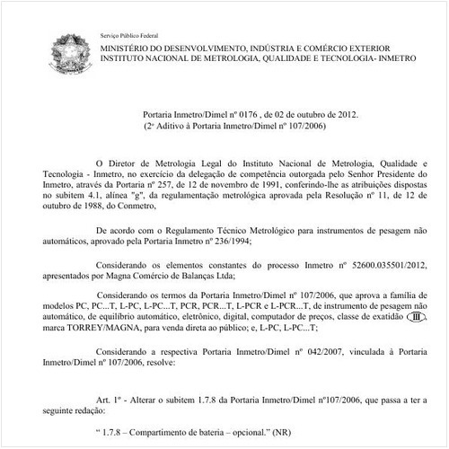 Portaria DIMEL/INMETRO 176:2012 - Situação: Em vigor
