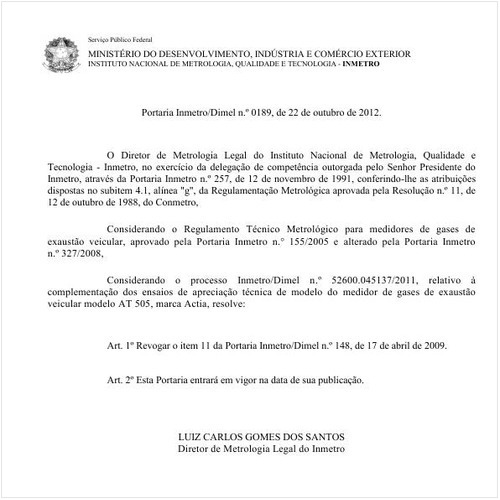 Portaria DIMEL/INMETRO 189:2012 - Situação: Em vigor