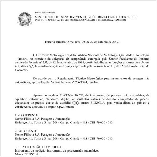 Portaria DIMEL/INMETRO 190:2012 - Situação: Em vigor