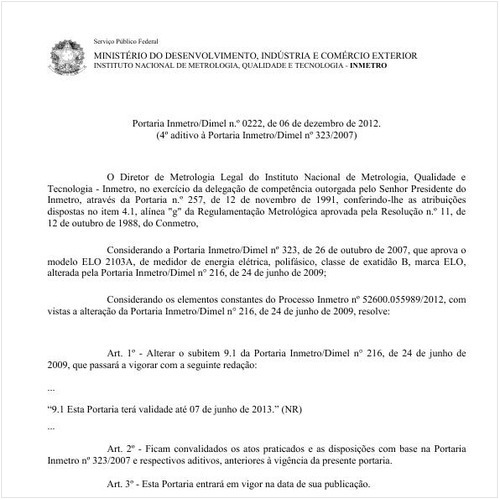Portaria DIMEL/INMETRO 222:2012 - Situação: Em vigor