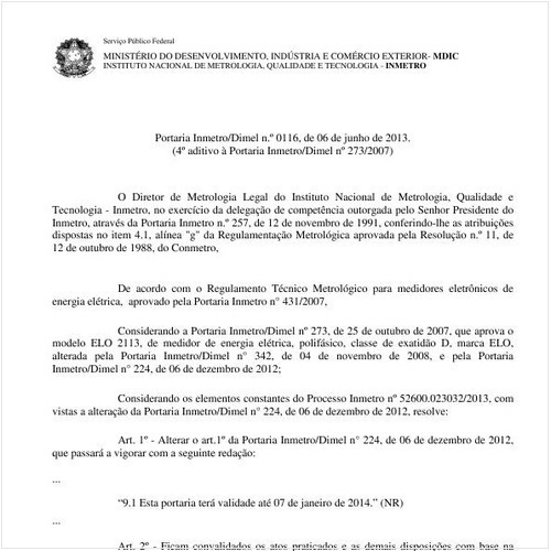 Portaria DIMEL/INMETRO 116:2013 - Situação: Em vigor