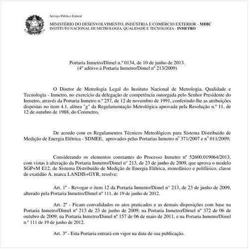 Portaria DIMEL/INMETRO 134:2013 - Situação: Em vigor