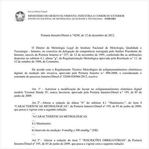 Portaria DIMEL/INMETRO 248:2012 - Situação: Em vigor