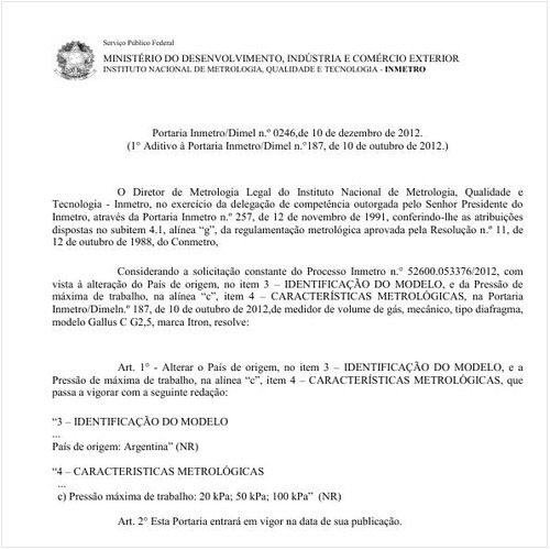 Portaria DIMEL/INMETRO 246:2012 - Situação: Em vigor
