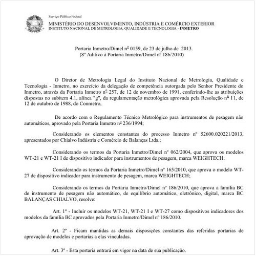 Portaria DIMEL/INMETRO 159:2013 - Situação: Em vigor