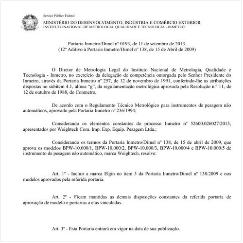 Portaria DIMEL/INMETRO 193:2013 - Situação: Em vigor