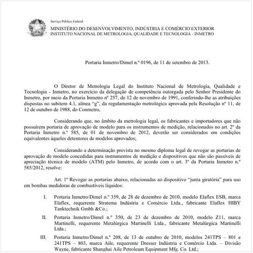 Portaria DIMEL/INMETRO 196:2013 - Situação: Em vigor