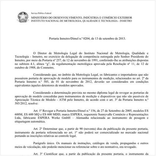 Portaria DIMEL/INMETRO 204:2013 - Situação: Em vigor