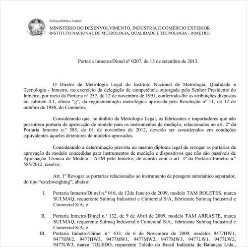 Portaria DIMEL/INMETRO 207:2013 - Situação: Em vigor