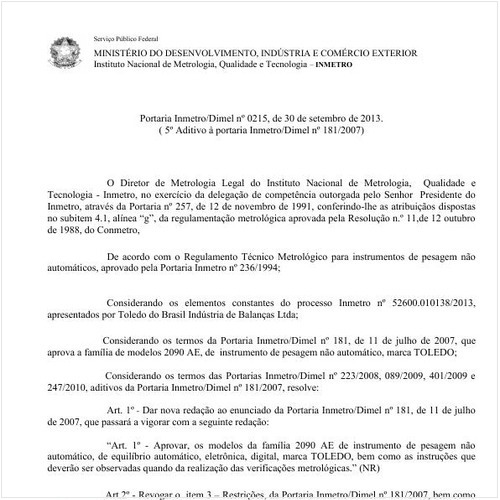 Portaria DIMEL/INMETRO 215:2013 - Situação: Em vigor
