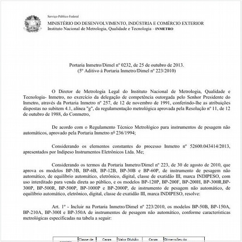 Portaria DIMEL/INMETRO 232:2013 - Situação: Em vigor