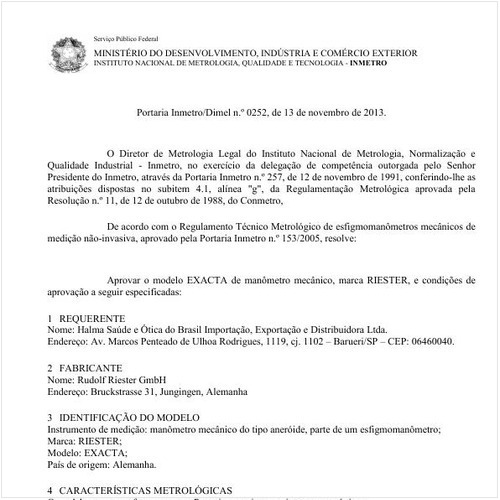 Portaria DIMEL/INMETRO 252:2013 - Situação: Em vigor