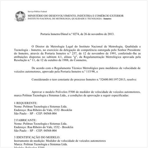 Portaria DIMEL/INMETRO 274:2013 - Situação: Em vigor