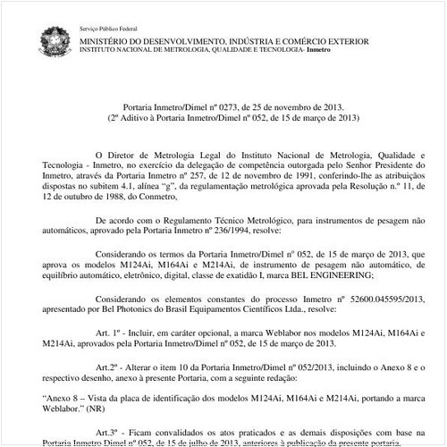 Portaria DIMEL/INMETRO 273:2013 - Situação: Em vigor
