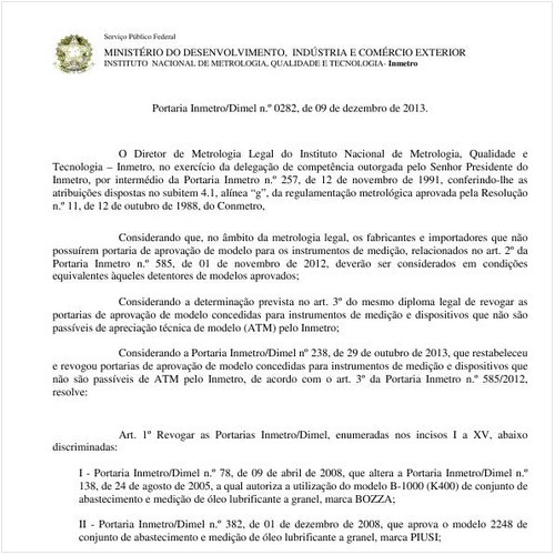 Portaria DIMEL/INMETRO 282:2013 - Situação: Em vigor
